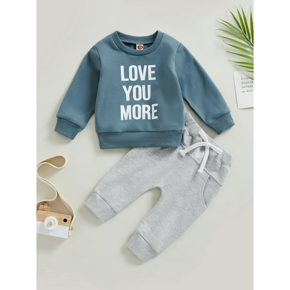 My 1st Valentines Day Outfits Infant Toddler Boy Long Sleeve Shirts Letter Sweatshirt Heart Pants 2Pcs Clothes Set (Blue,18-24 Months)