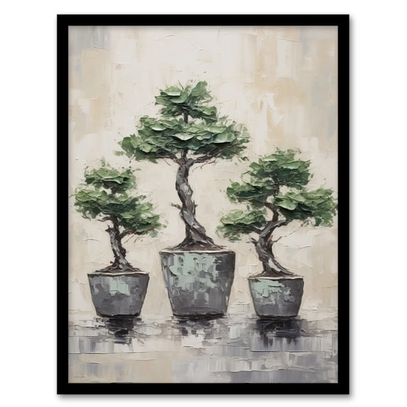 My 3 Bonsai Trees Oil Painting Pallet Knife Neutral Tone Textured Tree Artwork Artwork Framed Wall Art Print A4