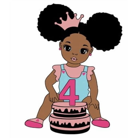 My 4th Birthday African American Cartoon Girl Sitting with Her Cake & Crown Edible Icing Image Cake Topper, by Tnct.