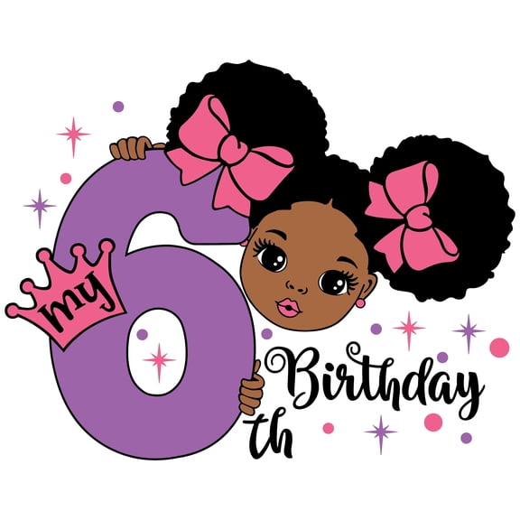 My 6th Birthday African American Cartoon Girl Peeking around Purple #6 with Crown & Bows Edible Icing Image Cake Topper, by Tnct.