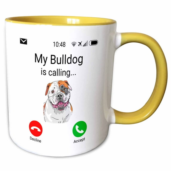 3drose, My American Bulldog Is Calling Funny Incoming Phone Call, 11oz Two-tone Yellow Mug