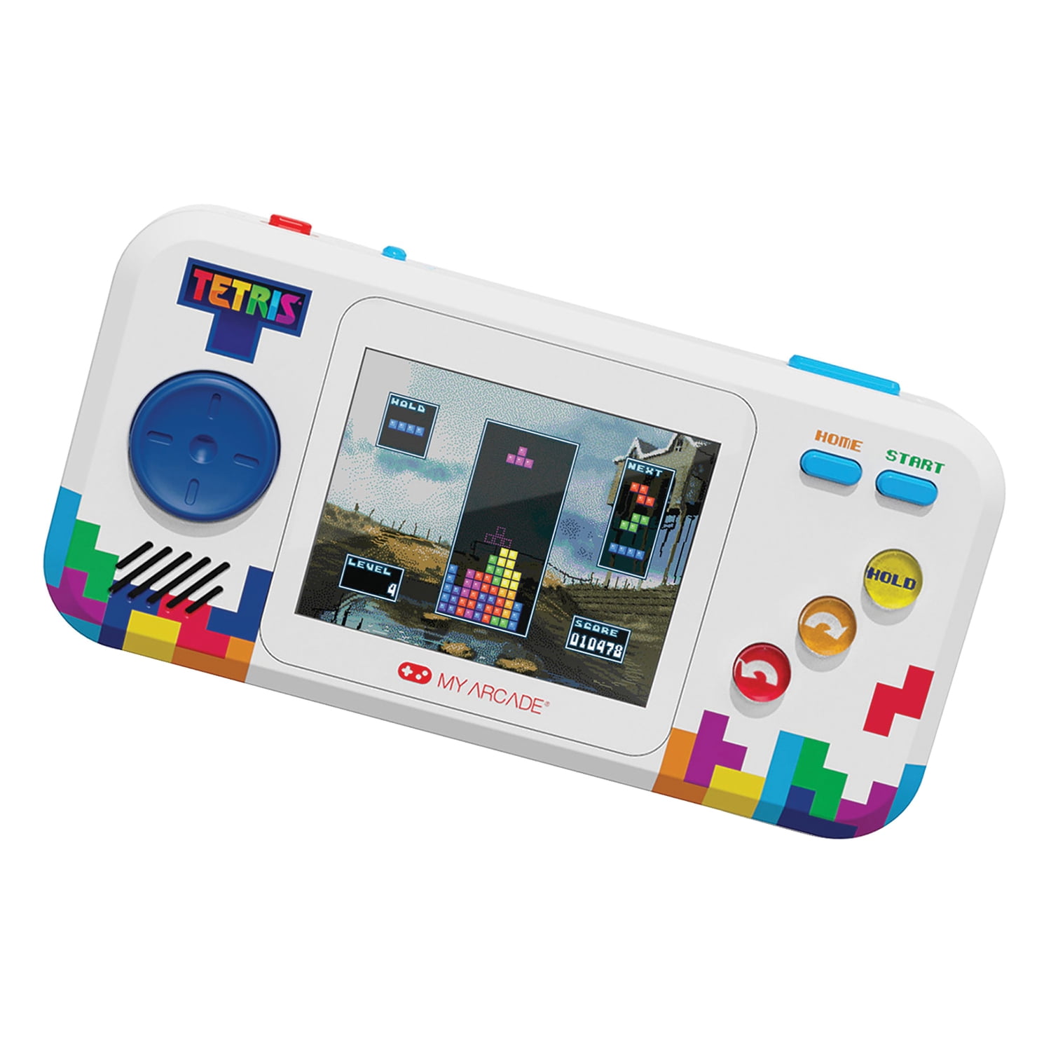 A white handheld Tetris video game
