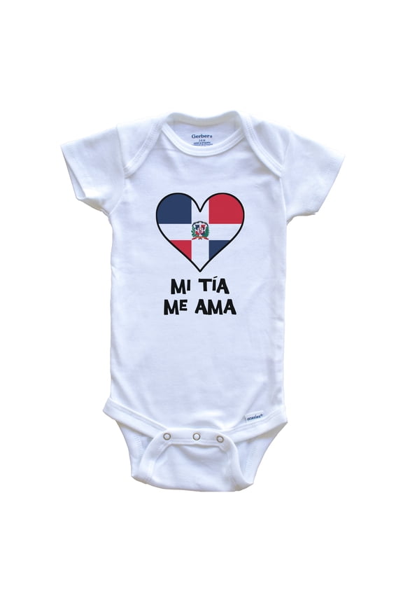 My Aunt Loves Me Spanish Language Dominican Republic Flag Heart Baby Bodysuit - Mi tÃa me ama, 3-6 Months White