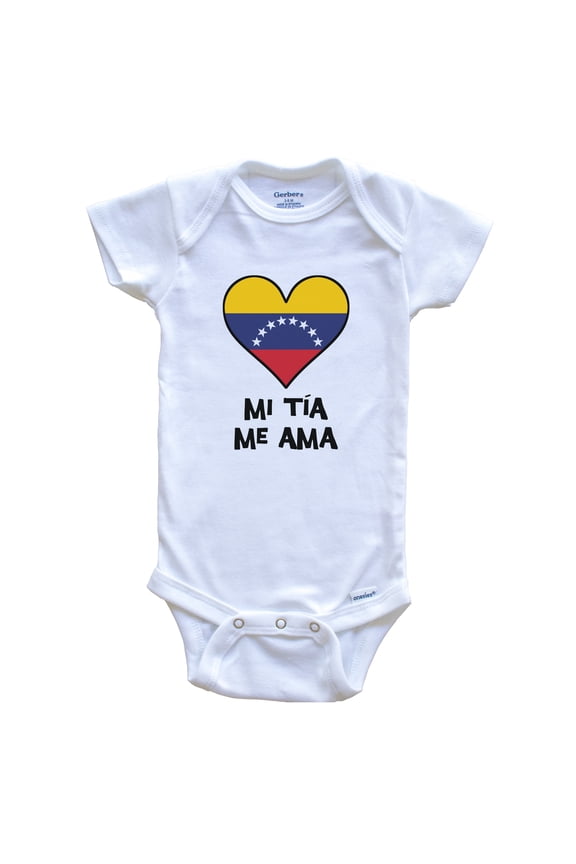 My Aunt Loves Me Spanish Language Venezuela Flag Heart Baby Bodysuit - Mi tía me ama, 3-6 Months White