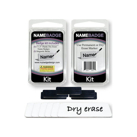 My Badge Design, 1" in width x 3" in length White Dry Erase Name Badge Kit with Magnetic Back, 5 count  pack.