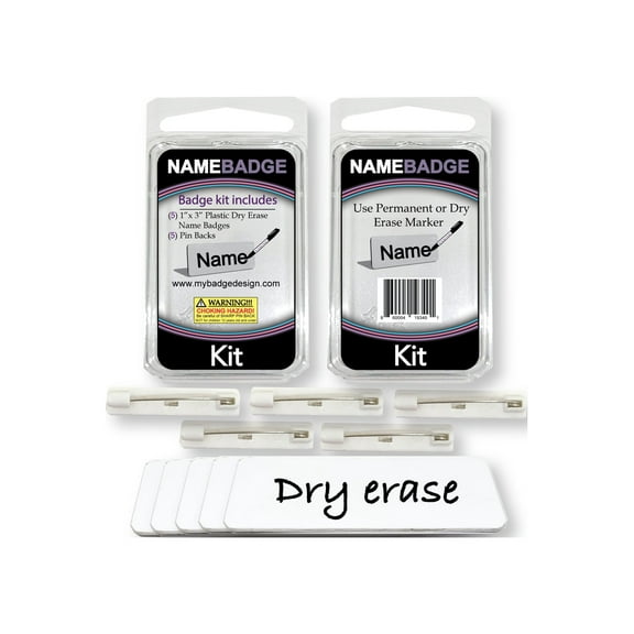 My Badge Design, 1" in width x 3" in length- White Dry Erase Name Badge Kit with Pin Back, 5 pack.