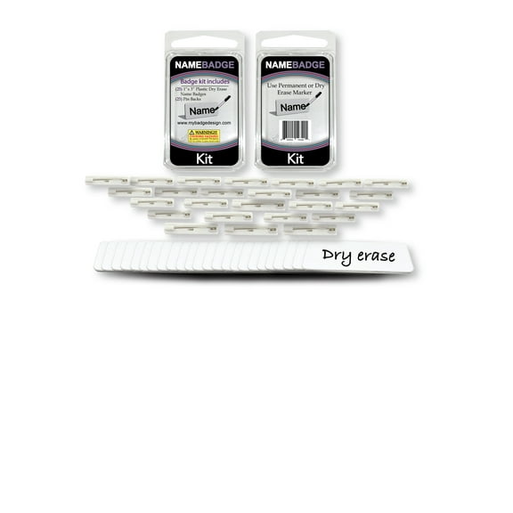 My Badge Design, 1" x 3" Dry Erase Name Badge Kit with Pin Back, 25 Qty
