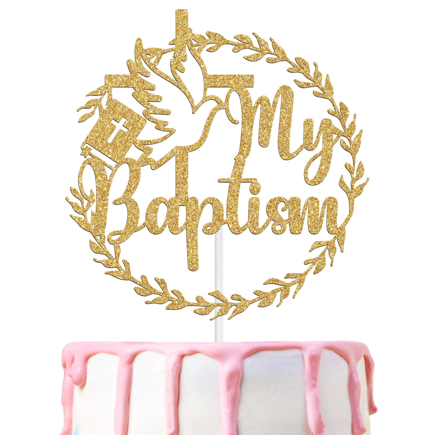 Confirmed In Christ Cake Topper - Gold Glitter Religious Cake Decor For Baptism, Confirmation, Christening, Baby Shower