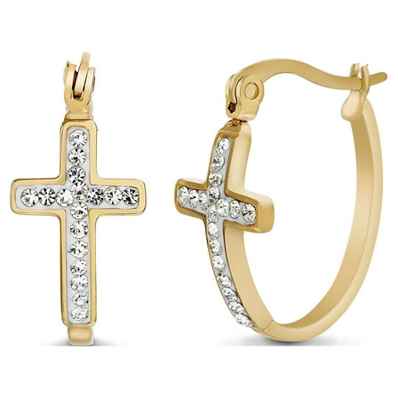My Bible 18k Yellow Gold IP Plated Stainless Steel Women’s Crystal Cross Hinge Hoop Earrings