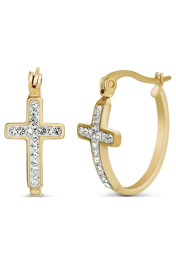18k Yellow Gold IP Plated Stainless Steel Women’s Crystal Cross Hinge Hoop Earrings