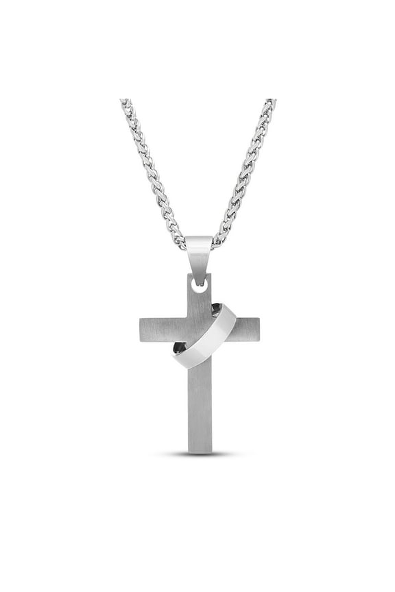 Cross with 18" Interlocked Circle Wheat Chain Necklace in Stainless Steel for Men