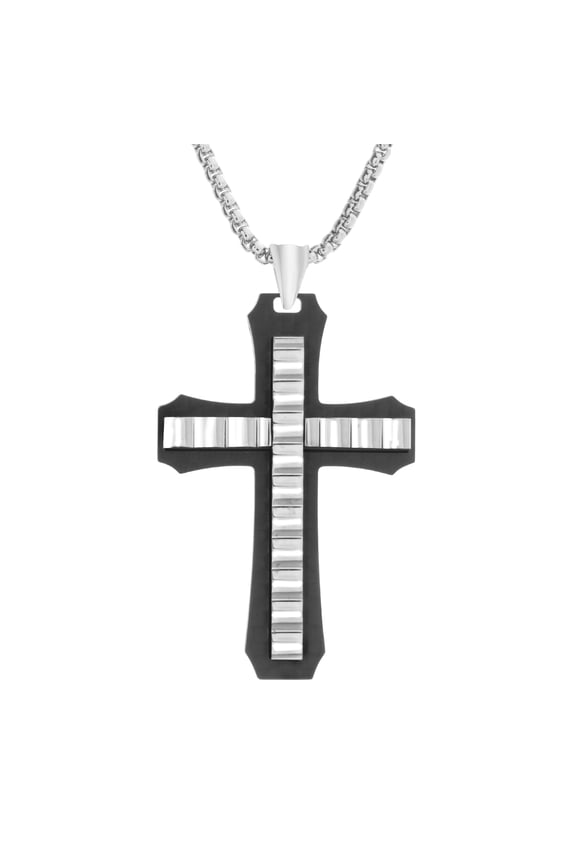 Men's White FIBER CARBON Two Tone Ribbed Cross Pendant 24" Chain Necklace in Stainless Steel