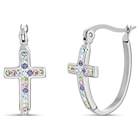 My Bible Rainbow Crystal Cross Hinge Hoop Earrings in Stainless Steel for Women