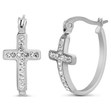 My Bible Stainless Steel Plated Women's Crystal Cross Hinge Hoop Earrings