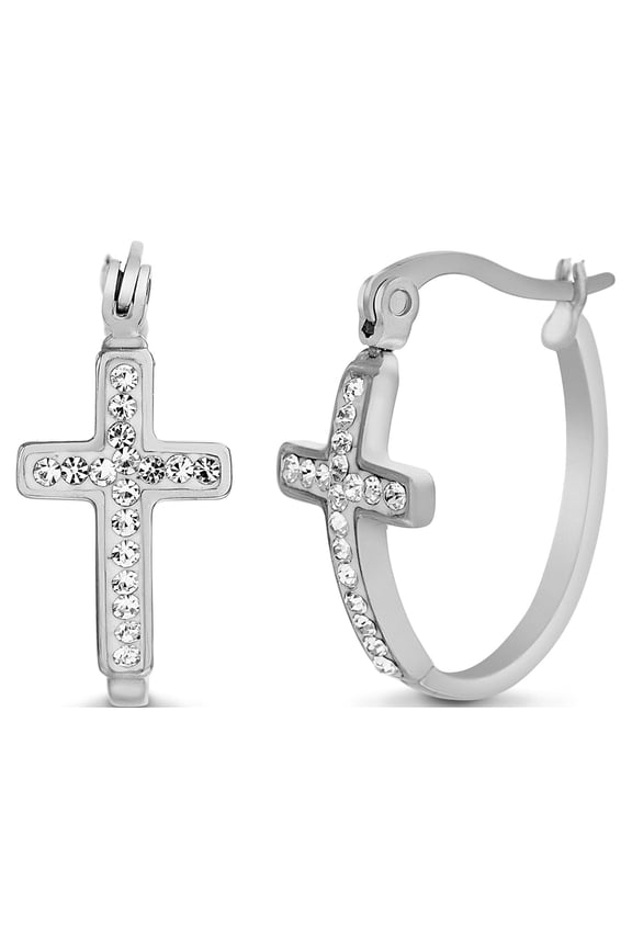 My Bible Stainless Steel Plated Women's Crystal Cross Hinge Hoop Earrings
