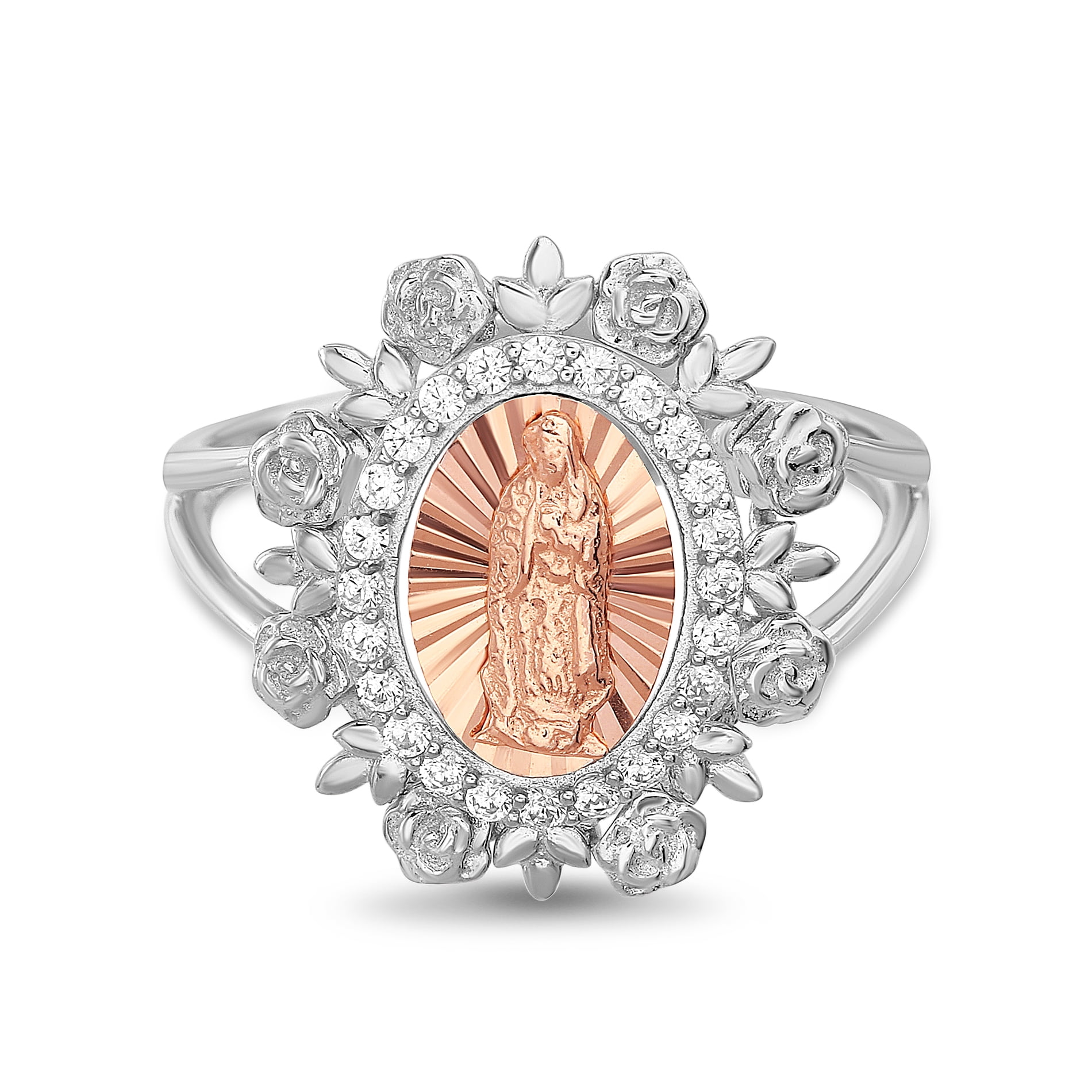 My Bible Women's White Cubic Zirconia 2 Tone Virgin Mary Floral Halo Split Shank Ring in Rose Gold and Rhodium Plated Sterling Silver