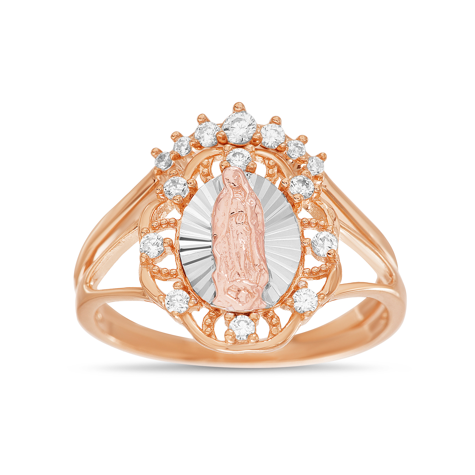 My Bible Women's White Cubic Zirconia Two Tone Virgin Mary Ring in Yellow Gold and Rhodium Plated Sterling Silver