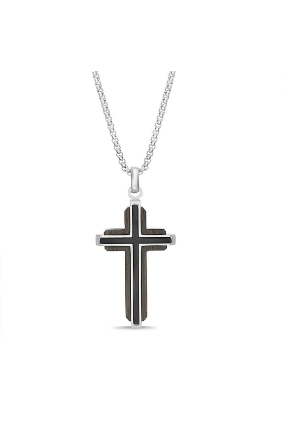 Wood Accent Cross Pendant Box Chain Necklace in Two-Tone Stainless Steel for Men