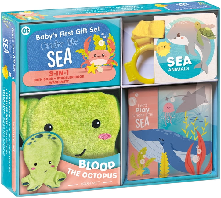 Baby's First Gift Set Under the Sea: Soft Baby Wash Mitt for Toddlers 1-3, Stroller Book, Waterproof Bath Books - Best N, (Hardcover)
