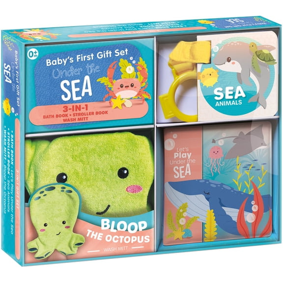 Baby's First Gift Set Under the Sea: Soft Baby Wash Mitt for Toddlers 1-3, Stroller Book, Waterproof Bath Books - Best N, (Hardcover)