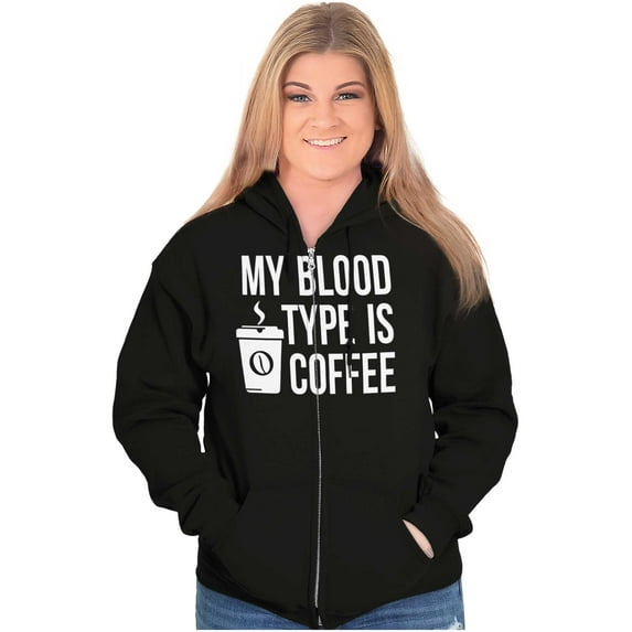 My Blood Type Coffee Caffeine Addict Womens Plus Size Graphic Zipper Hoodie Brisco Brands 2X
