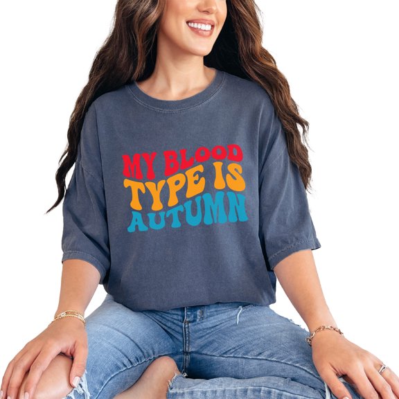 My Blood Type Is Autumn, Fall Lover Quote, Groovy Retro Wavy Text, Denim Comfort Colors T-Shirt, Small