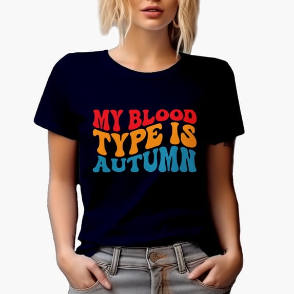 My Blood Type Is Autumn, Fall Lover Quote, Groovy Retro Wavy Text Merch Gift, Navy Blue T-Shirt, 2XL