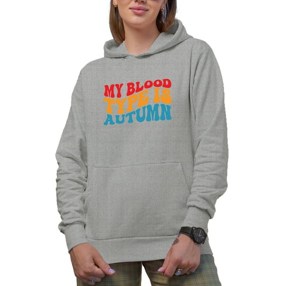 My Blood Type Is Autumn, Fall Lover Themed Quote, Groovy Retro Wavy Text Merch Gift, Heather Grey Hooded Sweatshirt or Hoodie, XL