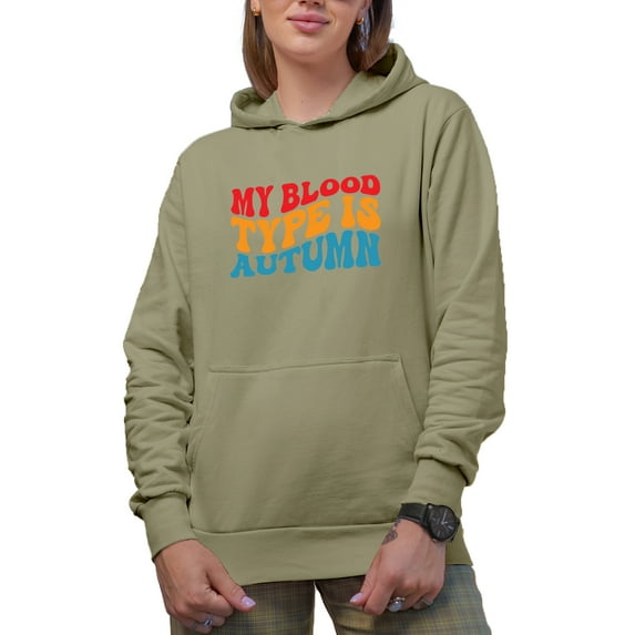 My Blood Type Is Autumn, Fall Lover Themed Quote, Groovy Retro Wavy Text Merch Gift, Sand Hooded Sweatshirt or Hoodie, Small