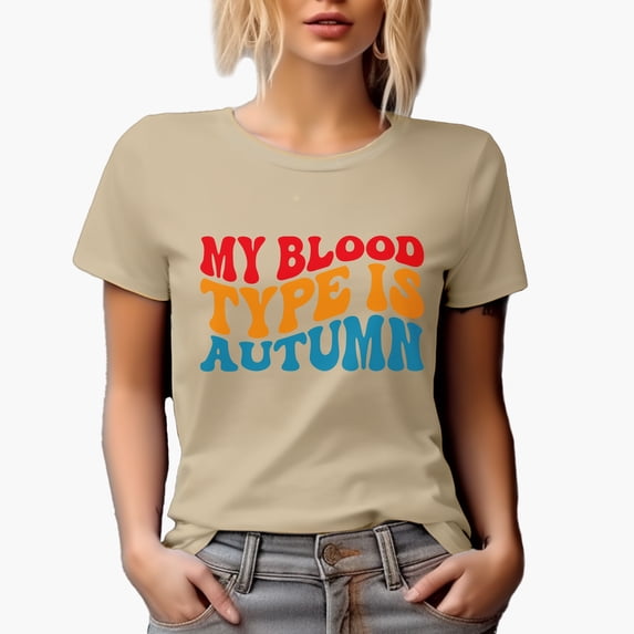 My Blood Type Is Autumn, Fall Lover Themed Quote, Groovy Retro Wavy Text Merch Gift, Tan T-Shirt, Large