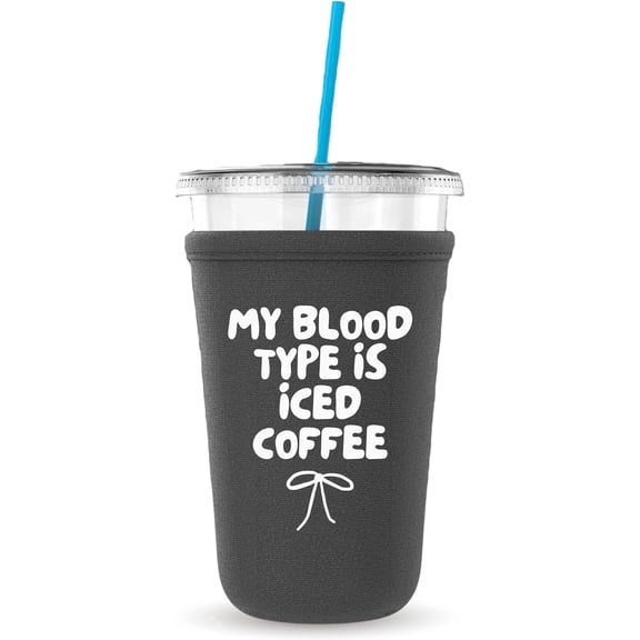 My Blood Type Is Iced Coffee, Neoprene Iced Coffee Cup Cooler, Gift and Party Favor Drinkware Ideas, Cold Drink Sleeve (Black)