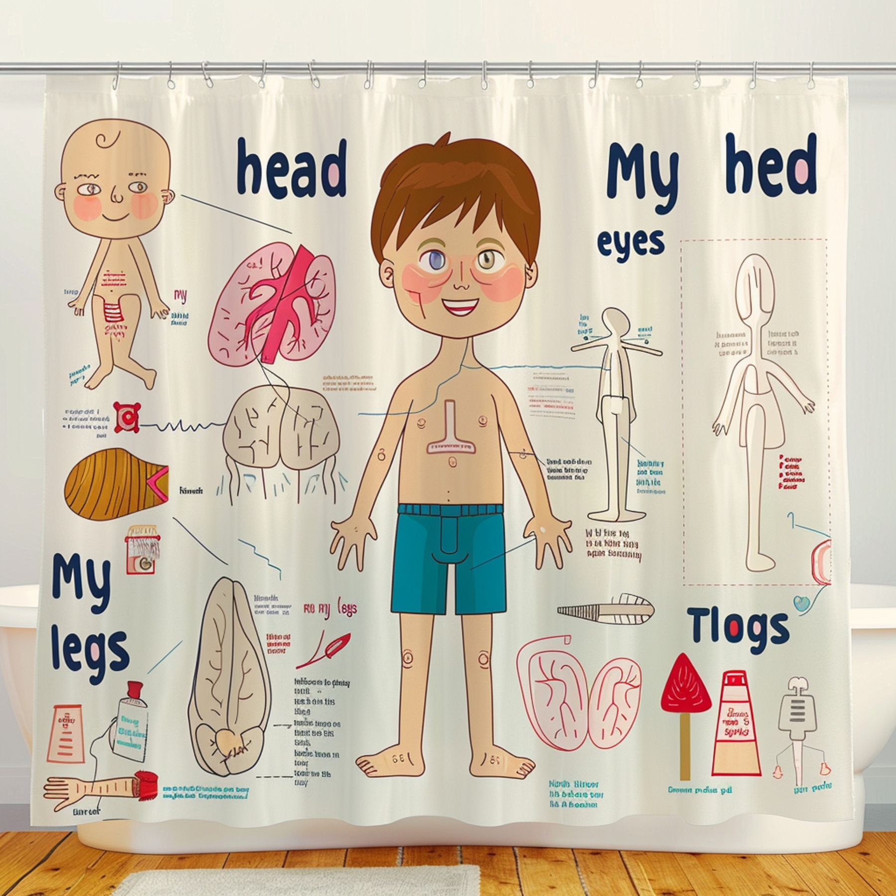 My Body Marine Educational Shower Curtain for Kids Colorful Human Body Illustration with Labels