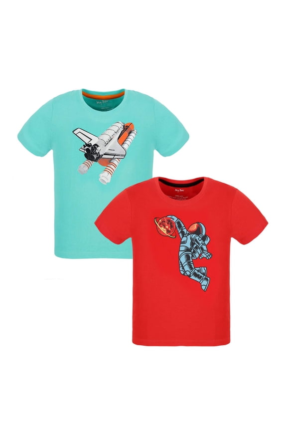 Boys Space Rocket Science T Shirt, Cotton, Atlantis NASA and Astronaut Design, Blue and Red color, Short sleeve, Combo (Ages 4-14 Years)
