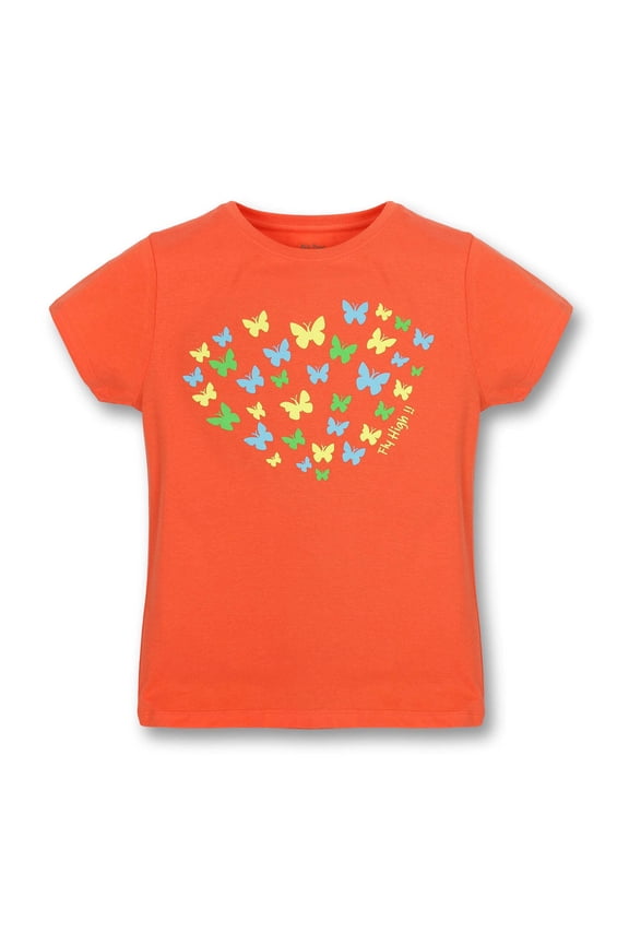 Crew Round Rib Neck T-Shirt, Butterflies in Heart Shape, Cotton, Big Girls