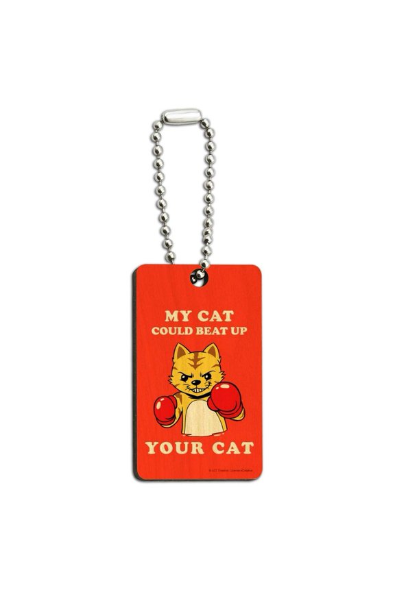 My Cat Could Beat Up Your Cat Boxing Gloves Funny Humor Wood Wooden Rectangle Keychain Key Ring