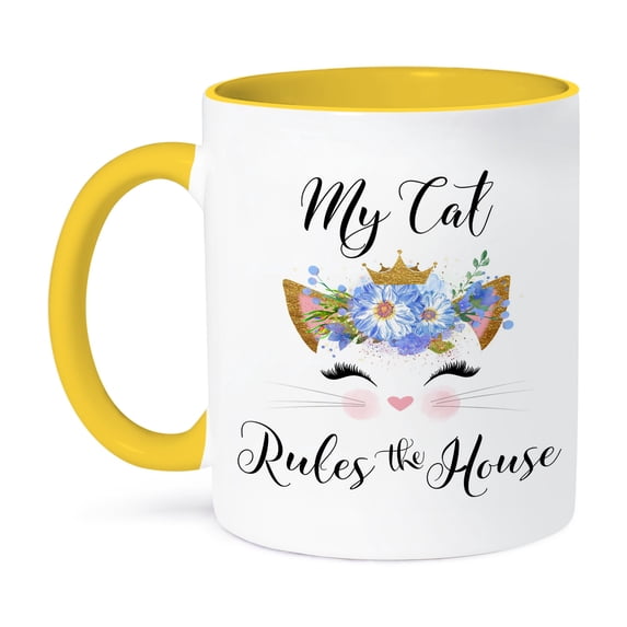 3drose, My Cat Rules the House - Cat Sayings, 15oz Two-tone Yellow Mug