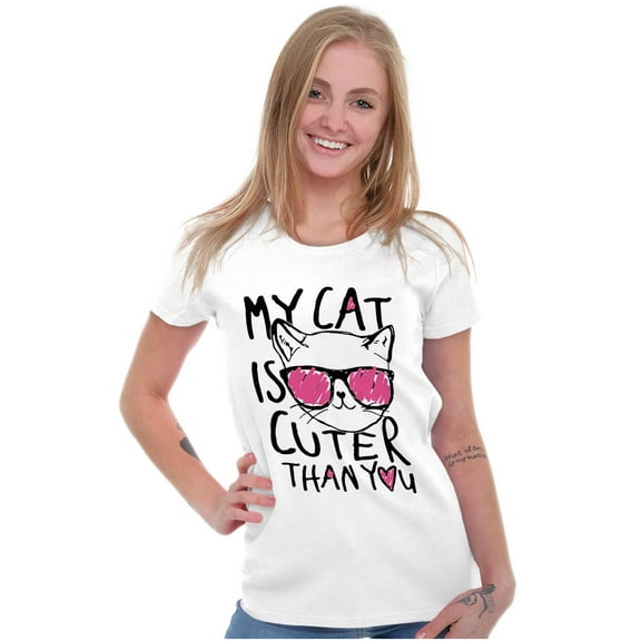 My Cat is Cuter Than You Cute Glasses Womens Slim Fit Graphic Tee Brisco Brands S