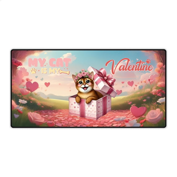 My Cat is My Valentine Cute Abyssinian in Gift Box Desk Mat Full Keyboard Mouse Pad Cat Lover Kitten Owner Gifts Large Mousepad - 3006