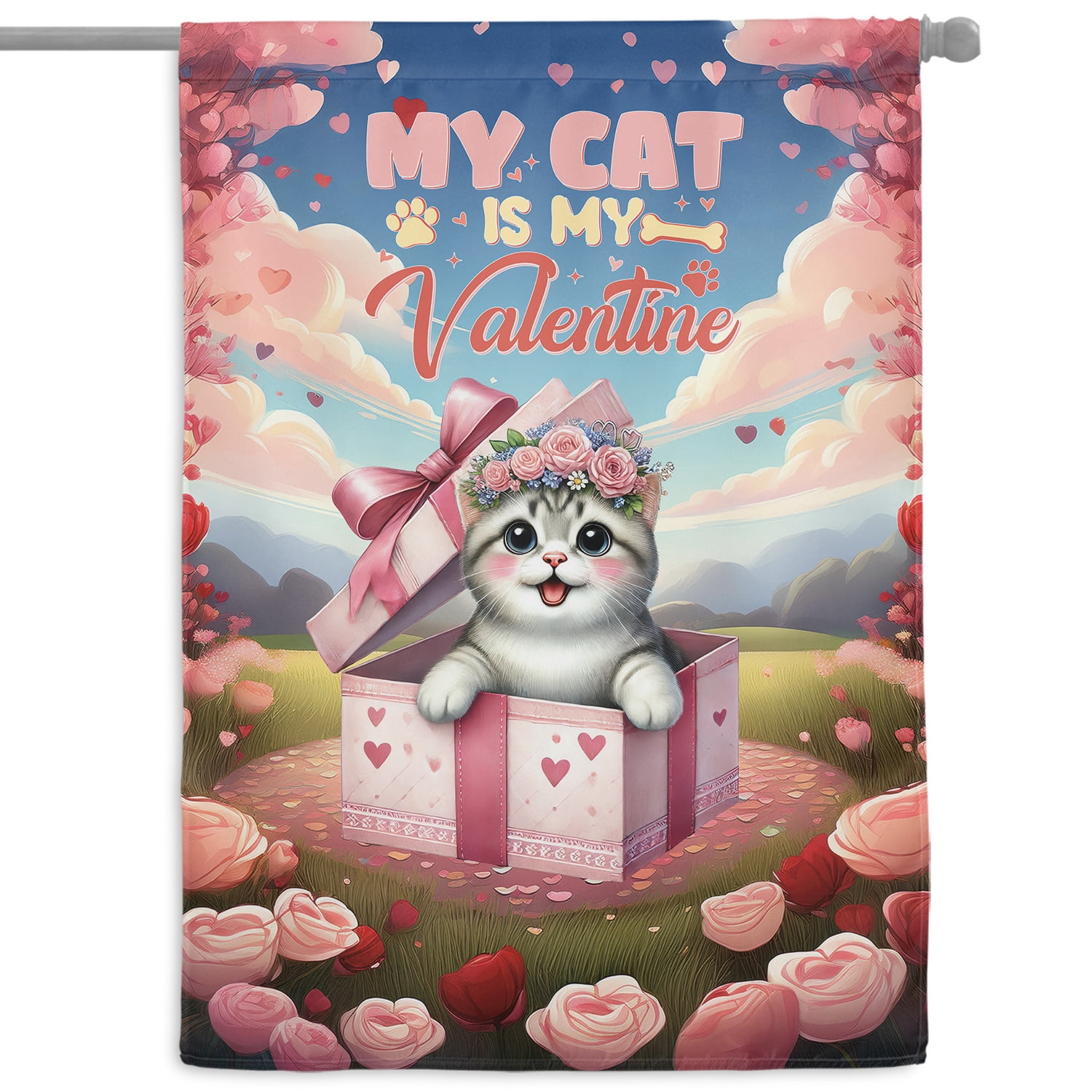 My Cat is My Valentine Cute American Shorthair in Gift Box House Flag 28x40in Double Sided Cat Lover Kitten Owner Gifts Outdoor Decor - 3006