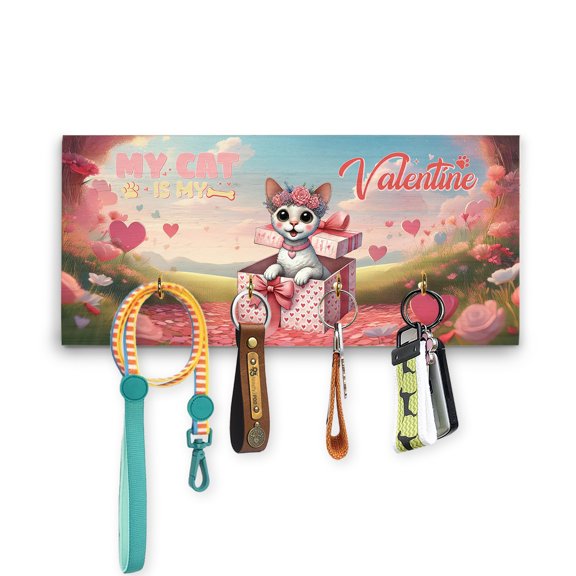 My Cat is My Valentine Cute Devon Rex in Gift Box Wood Key Holder Cat Lover Kitten Owner Gifts Wall-mounted Key Rack Home Decor - 03006