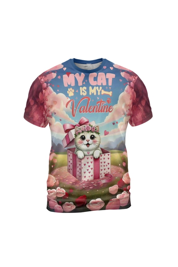 My Cat is My Valentine Cute Manx in Gift Box All Over Print 3D Shirt Unisex Merch Cat Lover Kitten Owner Gifts - 3006