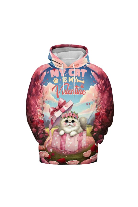 My Cat is My Valentine Cute Persian in Gift Box All Over Print 3D Hoodie Unisex Merch Hoodies Cat Lover Kitten Owner Gifts - 3006