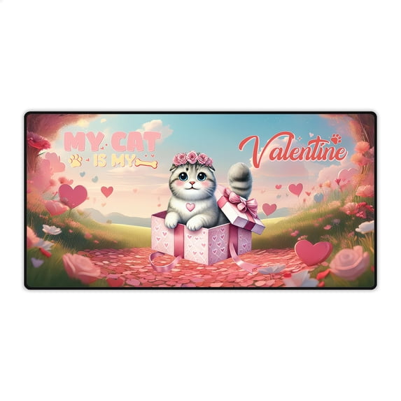 My Cat is My Valentine Cute Scottish Fold in Gift Box Desk Mat Full Keyboard Mouse Pad Cat Lover Kitten Owner Gifts Large Mousepad - 3006