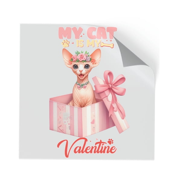 My Cat is My Valentine Cute Sphynx in Gift Box Cutout Transfer Sticker Cat Lover Kitten Owner Gifts Idea Transparent Decal Art Decor - 03006