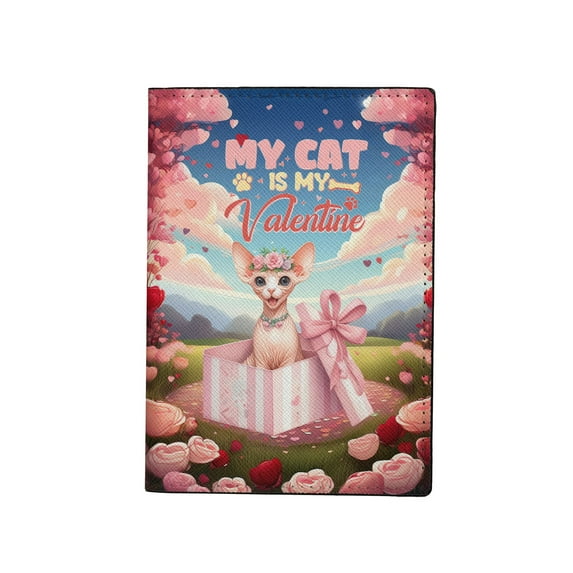 My Cat is My Valentine Cute Sphynx in Gift Box Travel Passport Wallet Cat Lover Kitten Owner Gifts Idea PU Leather Passport Holder Cover - 3006