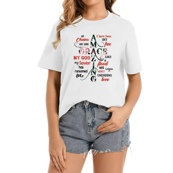 My Chains Are Gone I've Been Set Free My God, My S Ladies' Short Sleeve Graphic Tee with Stylish Print Design - Vibrant Women's Top