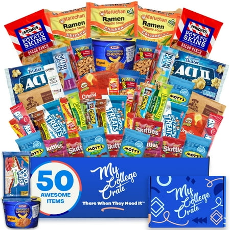 My College Crate Microwaveables Ultimate Snack Care Package for College Students - Variety Assortment of Microwaveables, Mac & Cheese, Popcorn, Ramen, Chips, Gummies & Candies (50 Snacks)