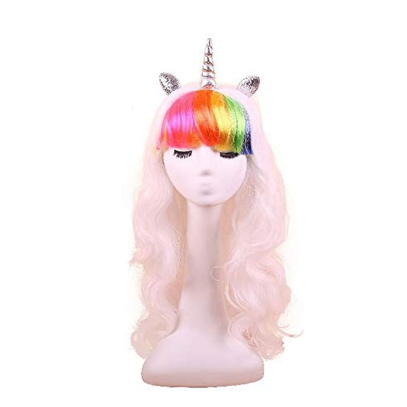 My Costume Wigs White with Rainbow Bangs Unicorn with Horn and Ears Halloween Cosplay Wig One Size fits all