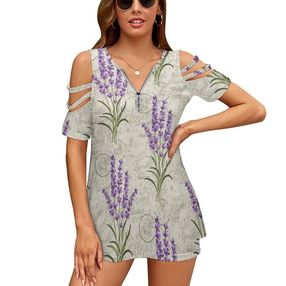 My Daily Lavenders Floral Vintage Womens Summer V Neck Zipper Top Short Sleeve T Shirt Off Shoulder Top Casual Classy Loose Shirts