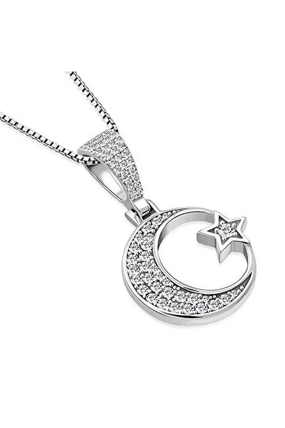 925 Sterling Silver CZ Islamic Muslim Pendant Necklace with Crescent Moon and Star Design